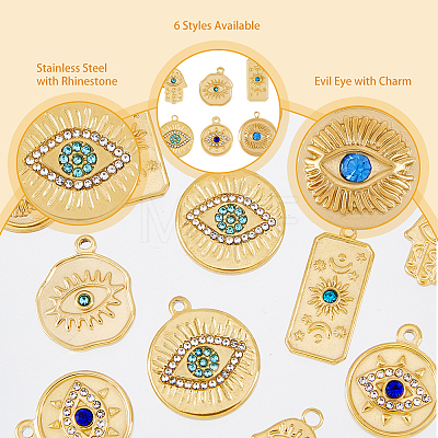 12Pcs 6 Style Eye Theme 304 Stainless Steel Pendants STAS-DC0012-68-1