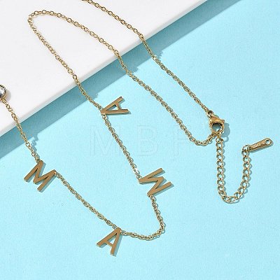 Mother's Day 304 Stainless Steel Pave Clear Cubic Zirconia Word MAMA Shape Pendant Necklaces for Women NJEW-F374-01G-1