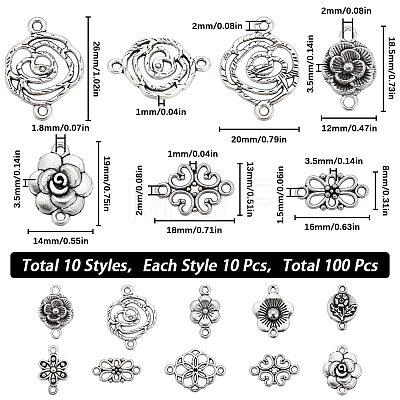 SUNNYCLUE 100Pcs 10 Styles Tibetan Style Alloy Connector Charms FIND-SC0008-18-1