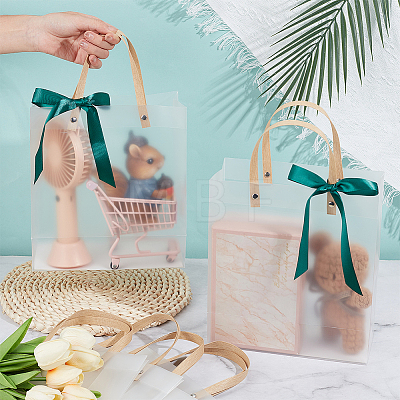 Transparent Frosted PVC Plastic Gift Tote Bags with Green Ribbon ABAG-WH0048-68A-1