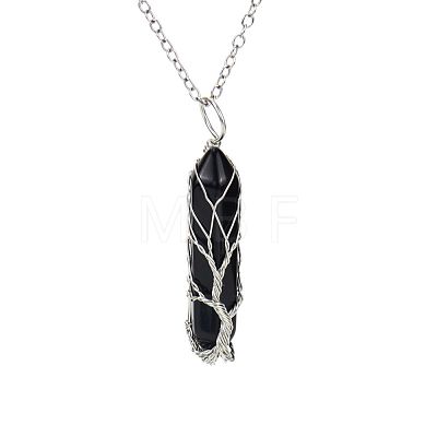Natural Black Onyx(Dyed & Heated) Double Terminal Pointed Faceted Bullet Copper Wire Wrapped Tree of Life Pendant Alloy Chain Necklaces FS-WG07FDC-07-1