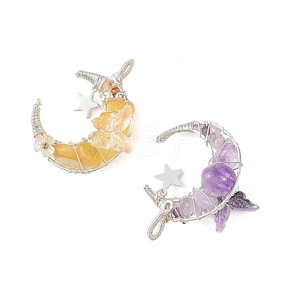 4Pcs 4 Colors Natural Topaz Jade & Yellow Fluorite & Lavender Amethyst & Aquamarine & Rose Quartz & Carnelian Round Chip Wire Wrapped Pendants PALLOY-TA00437-1