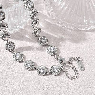304 Stainless Steel Full Rhinestone Flat Round Link Chain Necklaces for Women SA-CBABBEA-02P-01-1