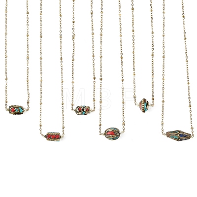 Brass Synthetic Coral and Turquoise Tibetan Beads Pendant 304 Stainless Steel Satellite Chain Necklaces NJEW-JN06517-1