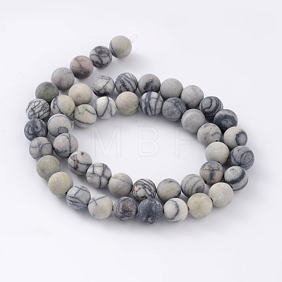 Round Frosted Natural Black Silk Stone/Netstone Bead Strands X-G-M248-8mm-03-1