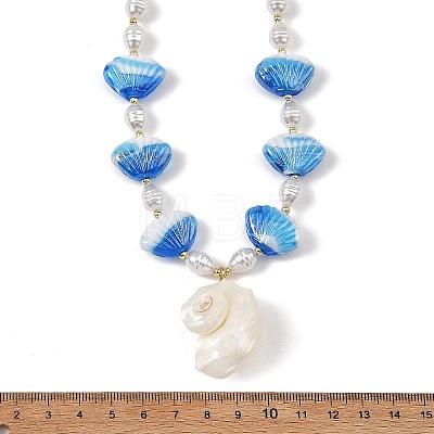Summer Beach Natural Sea Shell Pendant Handmade Lampwork & Imitation Pearl Beaded Necklaces NJEW-JN06371-1