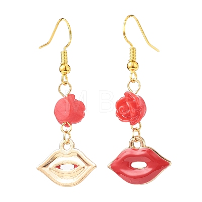 3 Pairs 3 Style Red Alloy Enamel Charms & Rose Beaded Dangle Earrings EJEW-JE05031-01-1