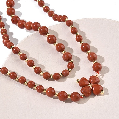 Saint Patrick's Day Natural Red Jasper Clover Pendant Round Beaded Necklaces with Brall Heart OT Clasps NJEW-G202-02G-04-1