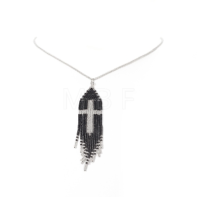 Glass Seed Beaded Cross Tassel Pendant Necklaces NJEW-MZ00011-02-1