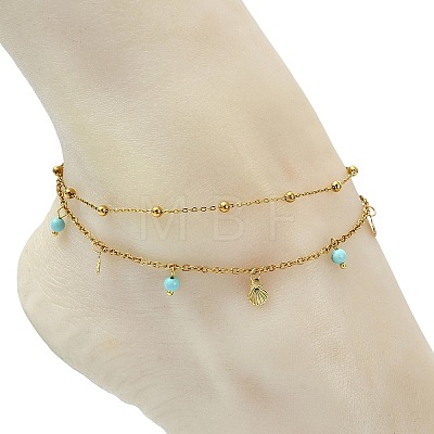 Round Natural Magnesite & Shell Shaped 304 Stainless Steel Charm 2-Strand Anklets for Women AJEW-AN00816-01-1