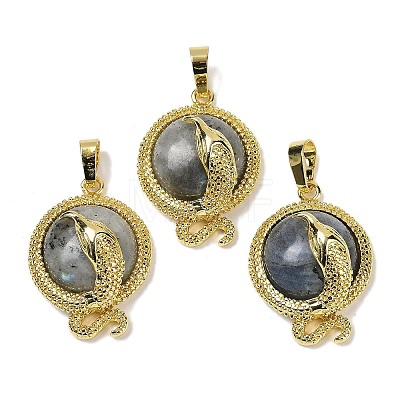 Natural Labradorite Flat Round Shaped Brass Pendants KK-F887-03G-27-1