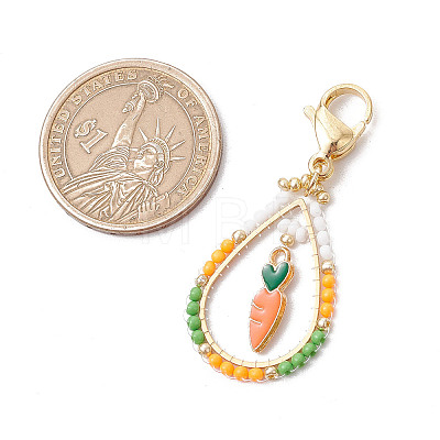 Easter Teadrop Glass Seed Beaded & Alloy Enamel Carrot Pendant Decorations HJEW-MZ00187-07-1