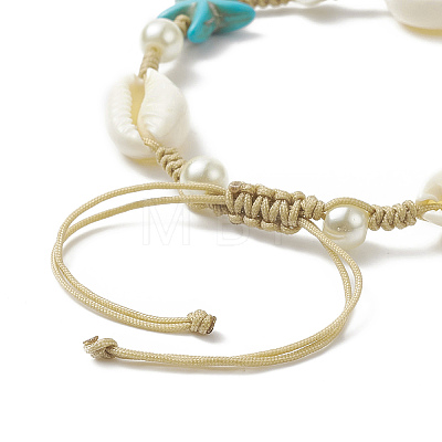 Synthetic Turquoise(Dyed) Starfish & Natural Shell & Glass Pearl Braided Bead Bracelet BJEW-TA00218-1