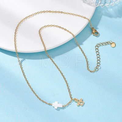 304 Stainless Steel Angel and Natural Freshwater Shell Cross Pendant Necklaces NJEW-JN05720-1