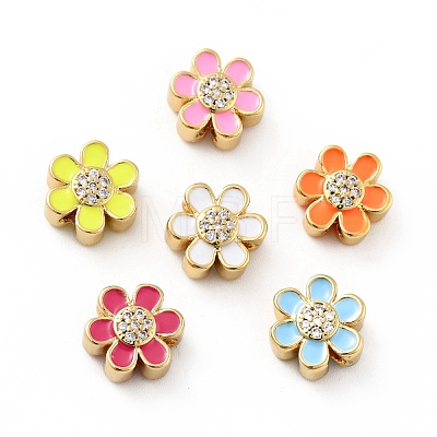 Flower Brass Micro Pave Clear Cubic Zirconia Beads KK-G419-06G-1