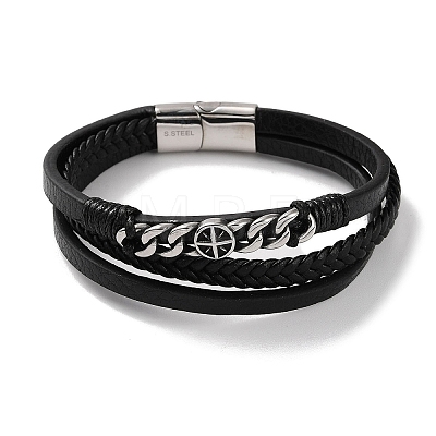 Men's Braided Black PU Leather Cord Multi-Strand Bracelets BJEW-K243-04AS-1