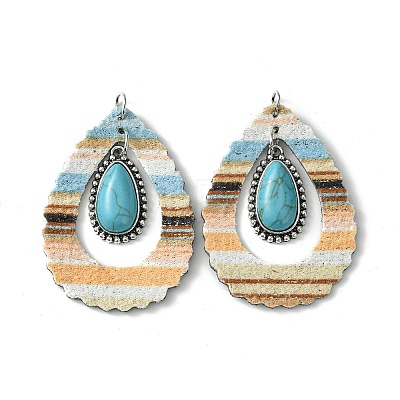 Teardrop Alloy & Synthetic Turquoise & Imitation Leather Big Pendants FIND-G069-03P-02-1