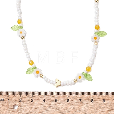 Faceted Round Dyed Natural Agate & Flower Handmade Millefiori Glass & Glass Seed Beaded Necklaces for Women NJEW-MZ00150-02-1