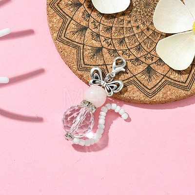 Cat Shape Natural Rose Quartz & Glass Pendant Decorations HJEW-TA00197-1