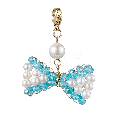 Bowknot Shell Pearl & Glass Pendants Decorations HJEW-TA00218-1