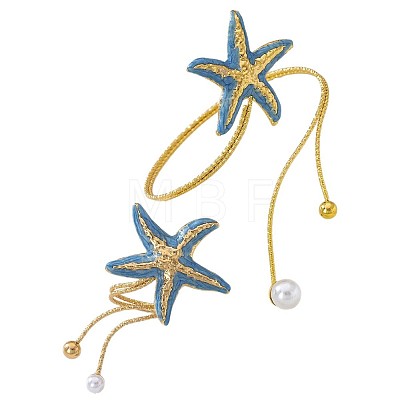 Starfish Iron Enamel & Plastic Imitation Pearl Cuff Bangles & Cuff Rings Sets for Women WG59046-01-1