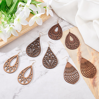 4 Pairs 4 Styles Natural Wood Hollow Out Teardrop Dangle Earrings EJEW-AN0003-55-1