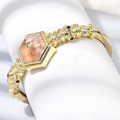 Hexagon Brass Pave Natural Cherry Blossom Agate & Cubic Zirconia Cuff Bangles for Women BJEW-Z172-01G-05-1