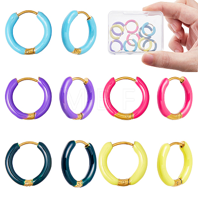 5 Pairs 5 Color 316 Stainless Steel Enamel Ring Hoop Earrings EJEW-DC0001-39B-1