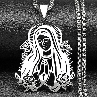 304 Stainless Steel Laser Cut Virgin Mary Pendant Box Chain Necklaces FS-WG69F53-01-1