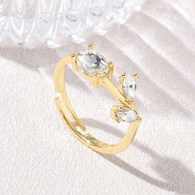 Flower Brass Glass Adjustable Finger Rings GL-CBA18A7-01G-04-1