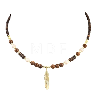 Dyed Synthetic Turquoise & Coconut & Wood Round Beaded Brass Feather Pendant Necklaces for Women NJEW-JN05460-01-1