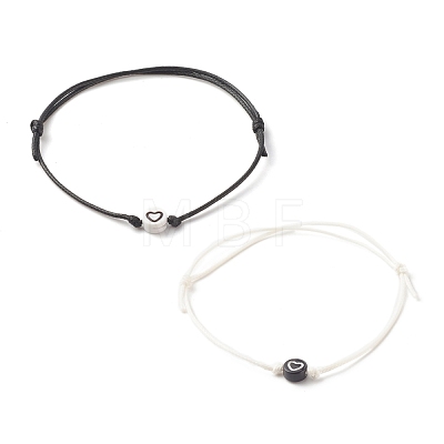 2Pcs 2 Color Flat Round with Heart Beaded Cord Bracelets Set BJEW-JB07647-1