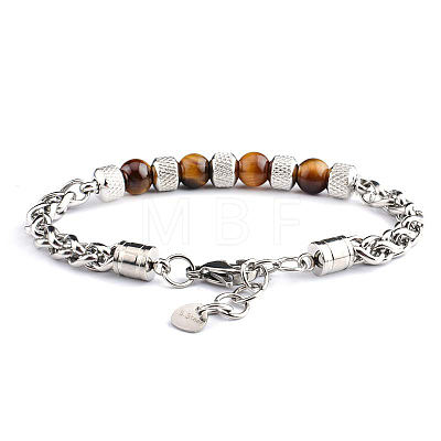 Natural Tiger Eye Beaded Bracelets with Titanium Steel Wheat Chains WG95907-01-1