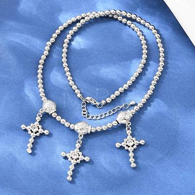 Brass Micro Pave Clear Cubic Zirconia Cross Pendant Round Beaded Bib Necklaces for Women NJEW-F364-04P-1