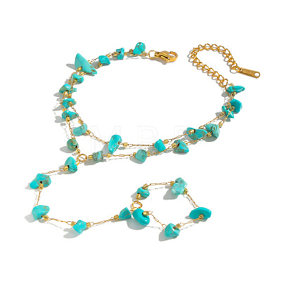 Synthetic Turquoise Chip 304 Stainless Steel Double Layer Hand Chain Ring Bracelets for Women HN5192-1