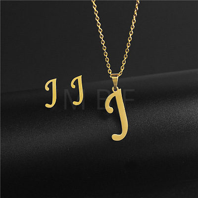 304 Stainless Steel Letter Pendant Necklaces & Stud Earrings Sets WG4BFDA-10-1