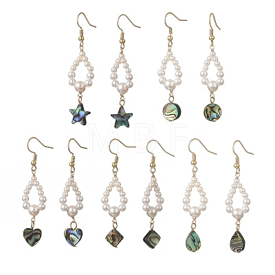 Shell Pearl & Abalone Shell/Paua Shell Beads Dangle Earrings EJEW-JE07314-1