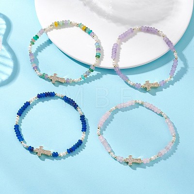 Brass Micro Pave Clear Cubic Zirconia Cross & Natural Pearl & White Jade Rondelle Beads Stretch Bracelets for Women BJEW-JB13114-1