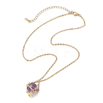 Brass Macrame Pouch Natural Amethyst Inside & 304 Stainless Steel Pendant Necklaces for Women NJEW-JN05607-03-1