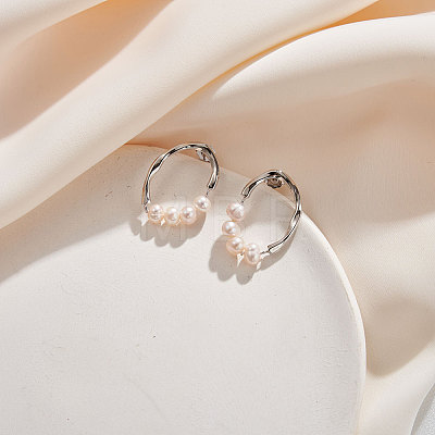 Oval Natural Pearl Stud Earrings EJEW-G411-02P-1