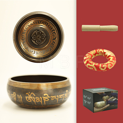 Tibetan Brass Singing Bowl & Wood Striker & Cloth Mat Set RELI-PW0004-02E-02-1