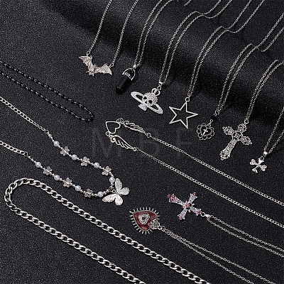 13Pcs 13 Style Cross & Skull & Heart & Butterfly Rhinestone Pendant Necklaces Set NJEW-AN0001-39-1