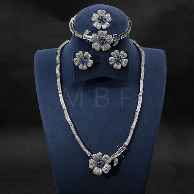 Flower Brass Micro Pave Cubic Zirconia Pendant Necklaces & Stud Earrings & Rings & Bracelets Sets WG9A1B1-05-1