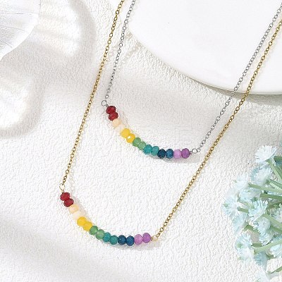 Dyed Natural Malaysia Jade Rondelle Chakra Pendant Duo Tone 304 Stainless Steel Cable Chain Double Layer Necklaces for Women NJEW-JN06649-1