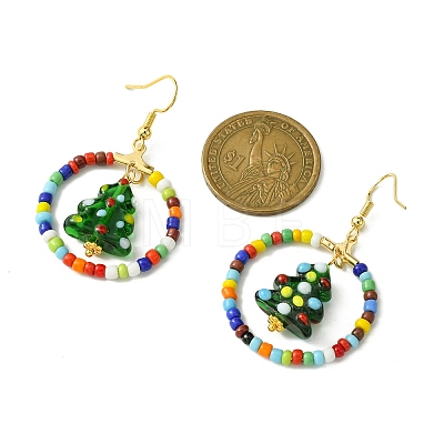 Glass Seed Beaded Ring with Lampwork Christmas Tree Dangle Earrings EJEW-TA00231-1