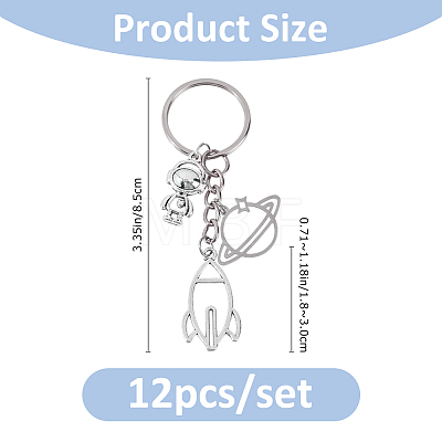 12Pcs Alloy & 304 Stainless Steel Robot & Rocket & Planet Keychains KEYC-FH00100-1