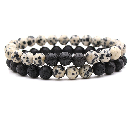 2Pcs 2 Styles Natural Dalmatian Jasper & Lava Rock Round Beaded Stretch Bracelets for Couple FS-WGA2A2E-12-1