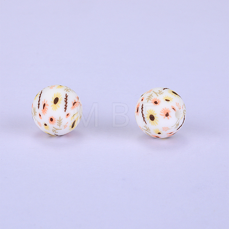 Printed Round with Sunflower Pattern Silicone Focal Beads SI-JX0056A-210-1