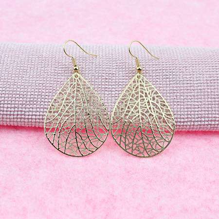 Teardrop with Hollow Leaf Pattern Brass Dangle Earrings FS-WG94C34-02-1