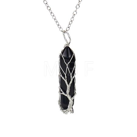 Natural Black Onyx(Dyed & Heated) Double Terminal Pointed Faceted Bullet Copper Wire Wrapped Tree of Life Pendant Alloy Chain Necklaces FS-WG07FDC-07-1